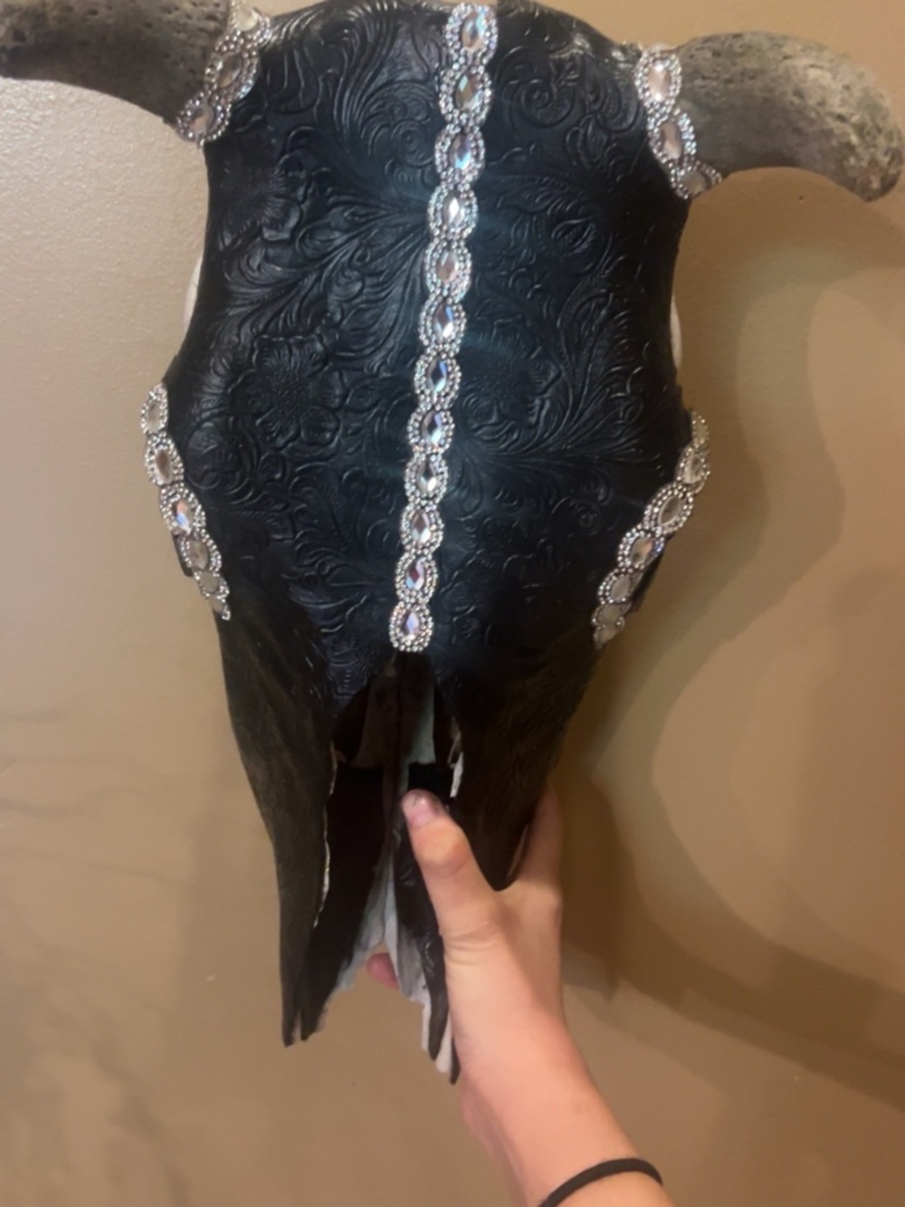 Embellished Black Tooled Cow Skull Wall Accent